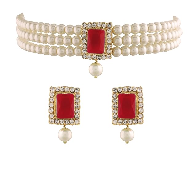 Pearl Choker Necklace in Gold Plated Traditional Stone and Pearl Choker Necklace Jewellery Set for Women
