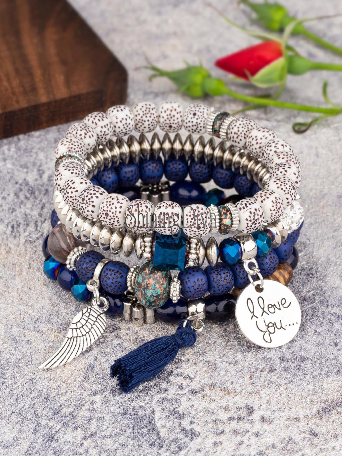 Bohemian I Love You Feather Charm Beaded Multilayer Bracelet for Women & Girls