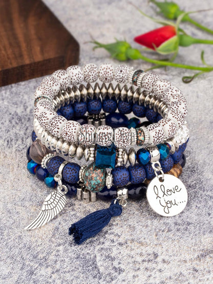 Bohemian I Love You Feather Charm Beaded Multilayer Bracelet for Women & Girls