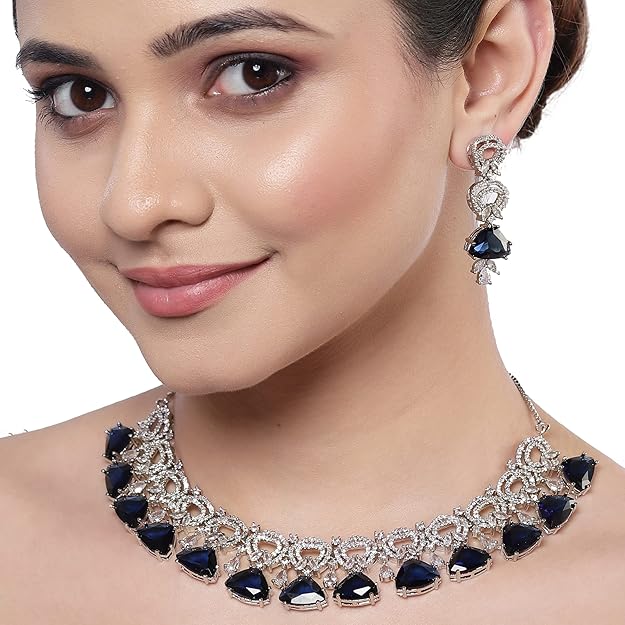 AD Necklace Set in Rhodium Plated Silver Toned Red and White American Diamond Studded Choker Necklace with Drop Earrings