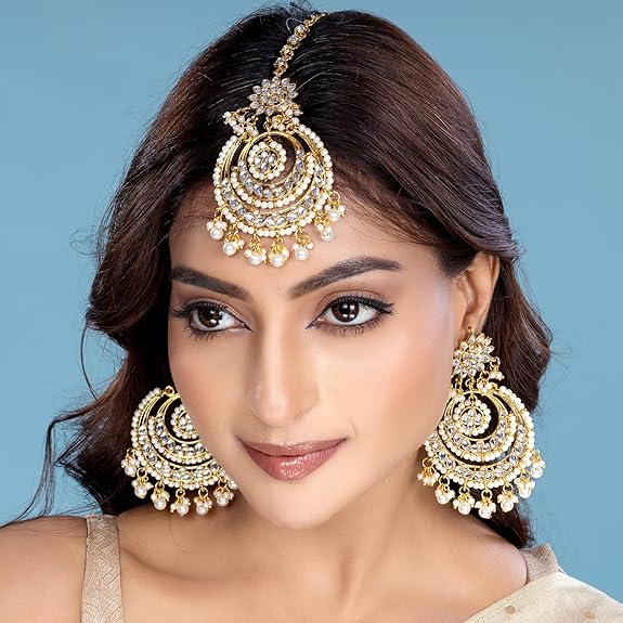 Mang Tikka for Women in Traditional Rhodium Kundan & Pearl Earring Set Design