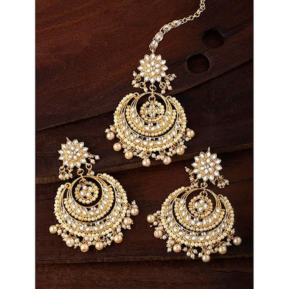 Mang Tikka for Women in Traditional Rhodium Kundan & Pearl Earring Set Design