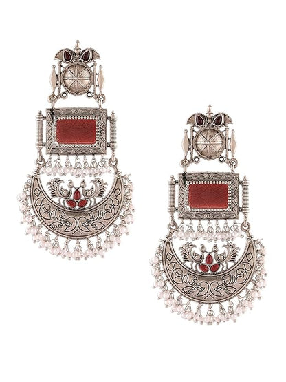 Maroon Stone Beads Oxidised Dangle Earrings