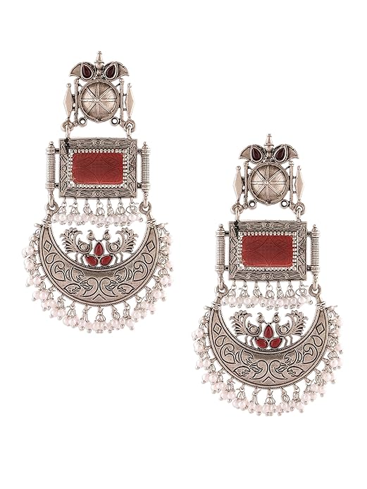 Maroon Stone Beads Oxidised Dangle Earrings