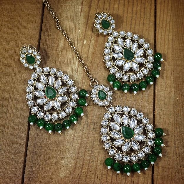 Kundan Chandbali Earrings in Gold Plated Antique Finish Bridal Maang Tikka Set