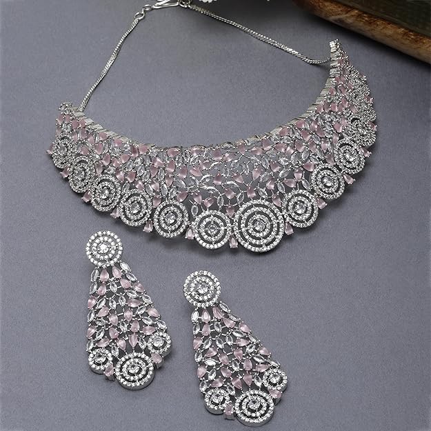 American Diamond Necklace Set in Rhodium Plated Silver Toned AD Choker Necklace with Earrings Jewellery Set for Women and Girls