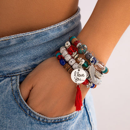 Bohemian I Love You Feather Charm Beaded Multilayer Bracelet for Women & Girls