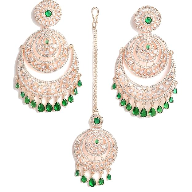 American Diamond Jewelry Set in Rose Gold Plated American Diamond Studded Maang Tikka & Earrings for Women and Girls