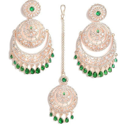 American Diamond Jewelry Set in Rose Gold Plated American Diamond Studded Maang Tikka & Earrings for Women and Girls