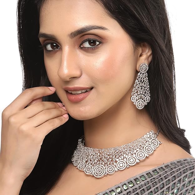 American Diamond Necklace Set in Rhodium Plated Silver Toned AD Choker Necklace with Earrings Jewellery Set for Women and Girls