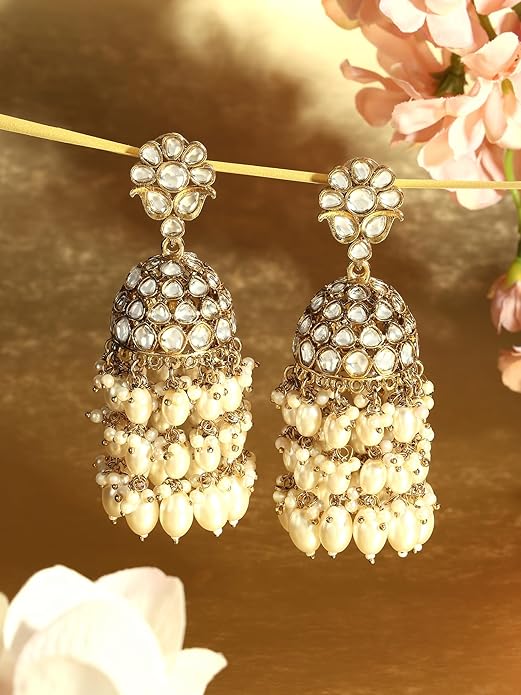 Gold Pearl Dangle Earrings in Gold Tone Kundan and Cluster Pearl Jhumka Design