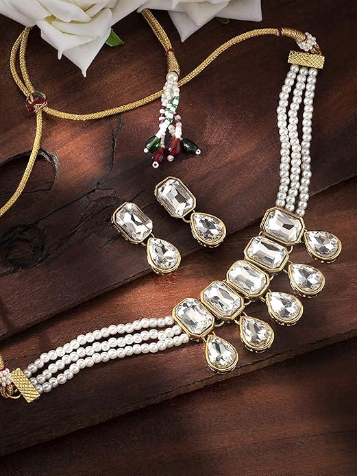 Indian Choker Set in Traditional Crystal and Pearl Choker Necklace with Earrings Jewellery Set for Women and Girls