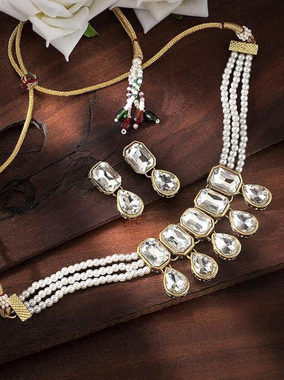 Indian Choker Set in Traditional Crystal and Pearl Choker Necklace with Earrings Jewellery Set for Women and Girls