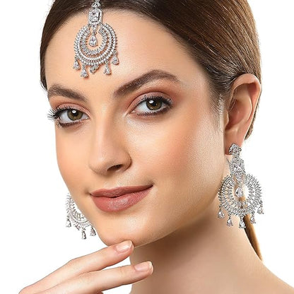 Diamond Shape Maang Tikka in Rhodium Plated Stylish Shiny Round Design Earring Jewellery Set