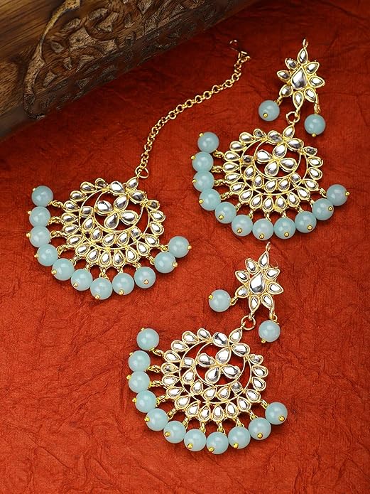 Bridal Mang Tika in Gold Plated Pearl and Kundan Studded Earring Set