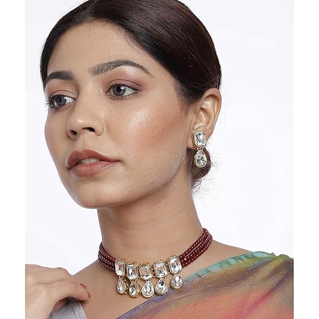 Indian Choker Set in Traditional Crystal and Pearl Choker Necklace with Earrings Jewellery Set for Women and Girls