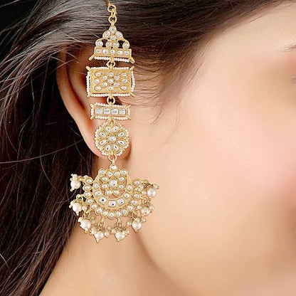 Rajasthani Mang Tikka in Gold Plated Matte Finish Kundan & Faux Pearl Chandbali Earring Set
