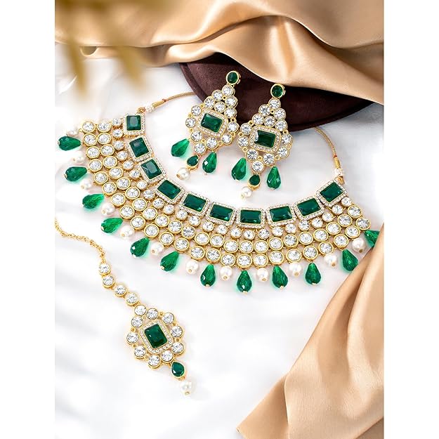 Crystal Choker Necklace with Maang Tikka and Earrings Indian Traditional Bridal Wedding Jewellery Set for Women