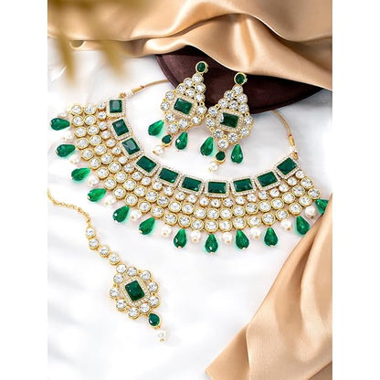 Crystal Choker Necklace with Maang Tikka and Earrings Indian Traditional Bridal Wedding Jewellery Set for Women