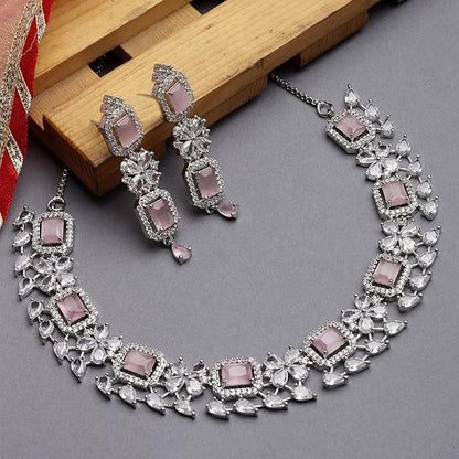 American Diamond Jewellery in Rhodium Plated Silver Toned Green and White AD Studded Necklace and Earrings Set for Women