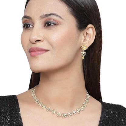 American Diamond Jewellery in Silver in Rhodium Plated Silver Toned White AD Studded Flower Shaped Jewellery Set