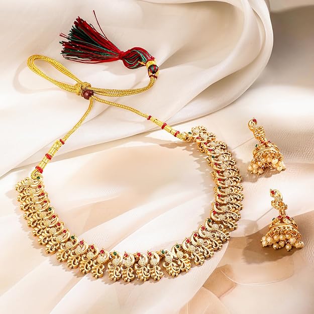 Gold Temple Jewellery Set for Marriage in Gold Plated Floral Traditional Necklace Set for Women and Girls