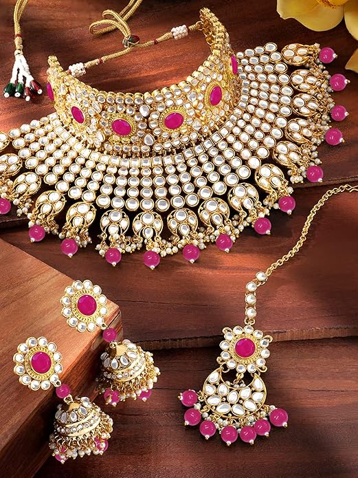 Bridal Necklace and Earring Set in Traditional Kundan Pearl Studded Bridal Choker with Earrings and Maang Tikka Jewellery Set for Women