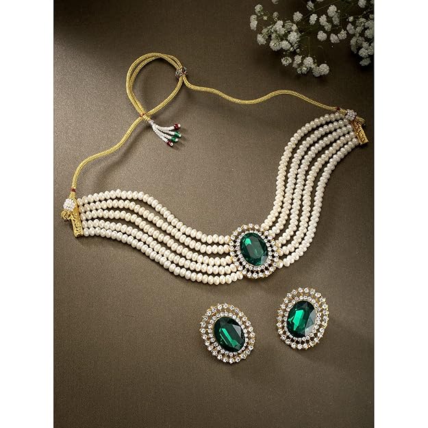 Choker Necklace in Gold Plated Traditional Stone Studded Pearl Choker Necklace Jewellery Set for Women and Girls