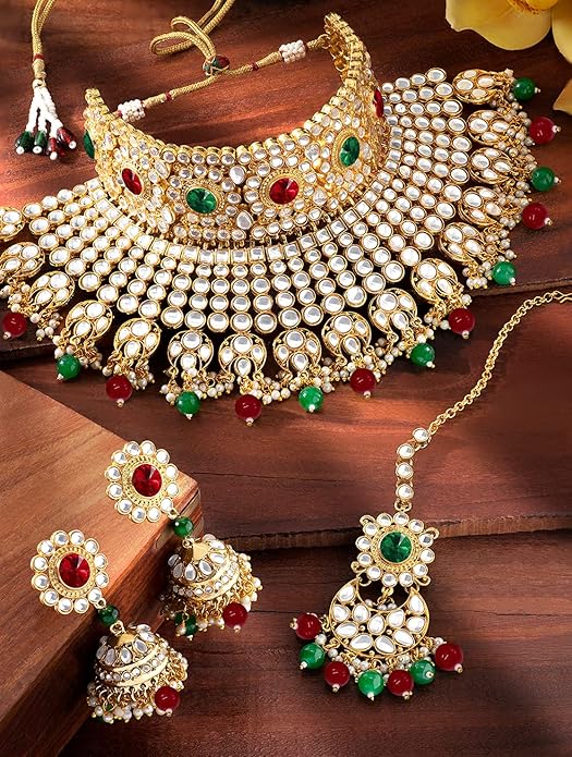 Bridal Necklace and Earring Set in Traditional Kundan Pearl Studded Bridal Choker with Earrings and Maang Tikka Jewellery Set for Women