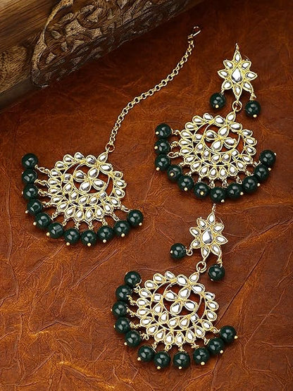 Bridal Mang Tika in Gold Plated Pearl and Kundan Studded Earring Set