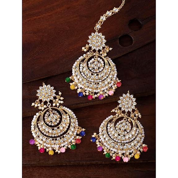 Mang Tikka for Women in Traditional Rhodium Kundan & Pearl Earring Set Design