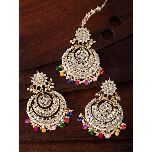 Mang Tikka for Women in Traditional Rhodium Kundan & Pearl Earring Set Design