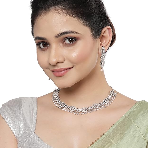 American Diamond Jewellery in Rhodium Plated Silver Toned Green and White AD Studded Necklace and Earrings Set for Women