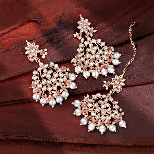 Maang Tikka with Pearl in Gold Plated Kundan Blue Faux Pearl Wedding Set