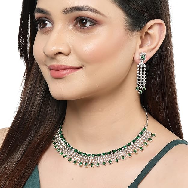 American Diamond Choker Set in Floral Design AD Studded Choker Necklace with Earrings for Women and Girls