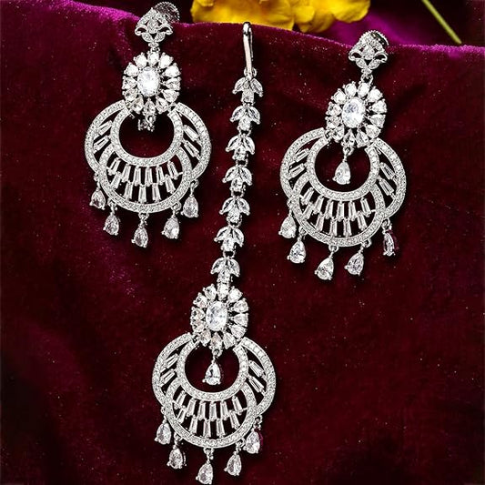 American Diamond Chandbali Earrings in Rhodium Plated Stylish Shiny Round Design Maang Tikka Set