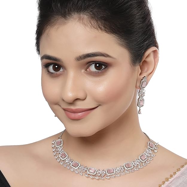 American Diamond Jewellery in Rhodium Plated Silver Toned Green and White AD Studded Necklace and Earrings Set for Women