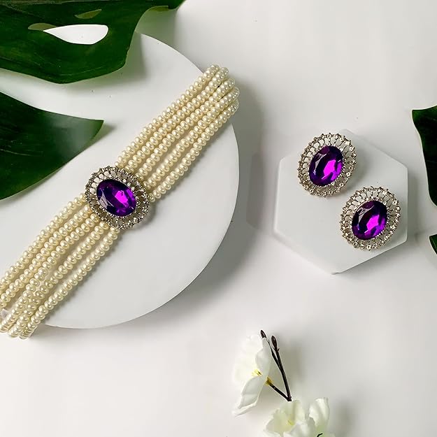 Choker Necklace in Gold Plated Traditional Stone Studded Pearl Choker Necklace Jewellery Set for Women and Girls