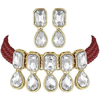 Indian Choker Set in Traditional Crystal and Pearl Choker Necklace with Earrings Jewellery Set for Women and Girls
