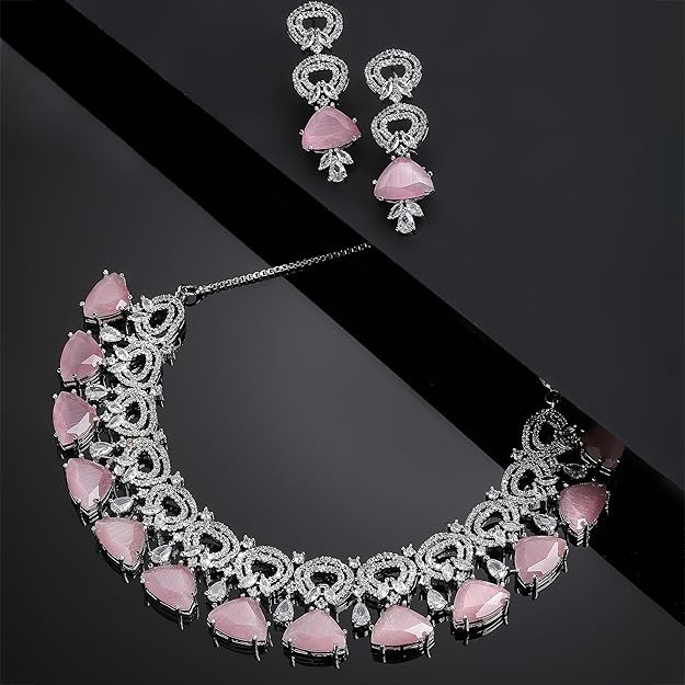 AD Necklace Set in Rhodium Plated Silver Toned Red and White American Diamond Studded Choker Necklace with Drop Earrings