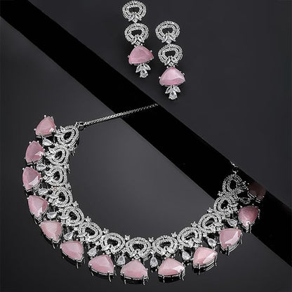 AD Necklace Set in Rhodium Plated Silver Toned Red and White American Diamond Studded Choker Necklace with Drop Earrings