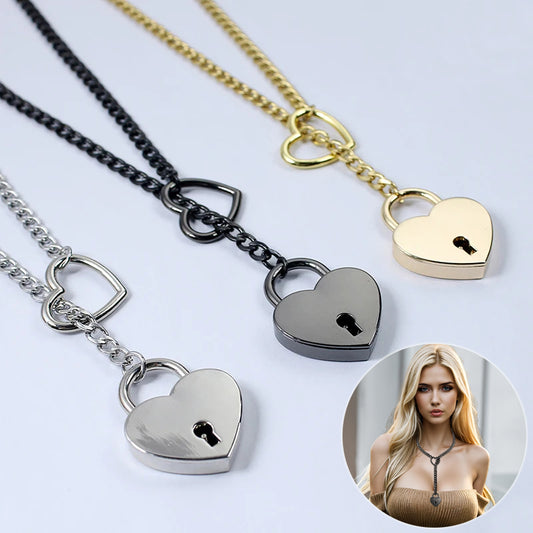 Fashion Jewelry 2026 New Slip Chain Necklace Heart O-Ring Rock Cuban Long Necklace Adjustable Heart Shaped Lock Core With Key