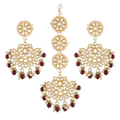Mang Tikka for Women in 18K Gold Plated Matte Finish Kundan & Faux Pearl Chandbali Set
