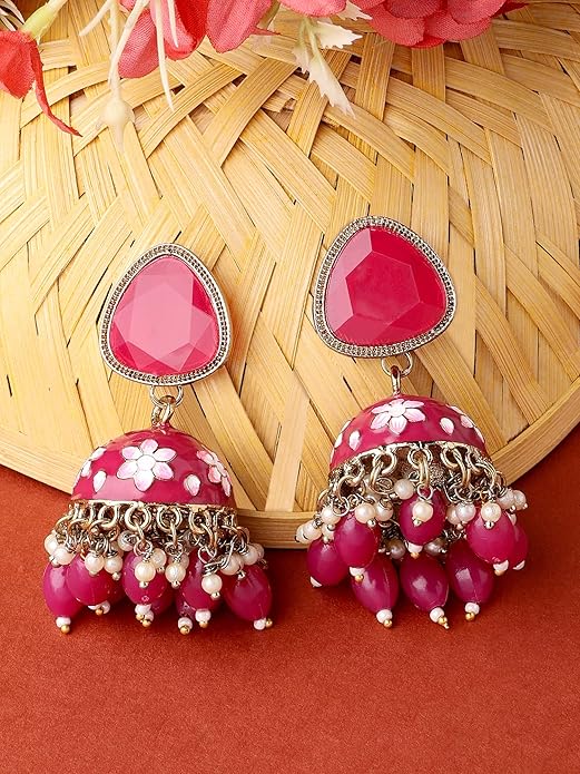 Rani Pink Meenakari Jhumki Drop Earrings