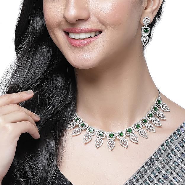 American Diamond Emerald Necklace in Leaf Style Rectangle Shaped AD Studded Rose Gold Plated Necklace Jewellery Set for Women and Girls