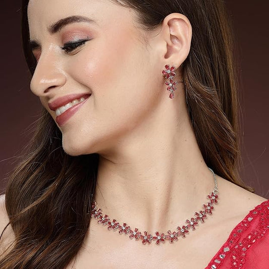 American Diamond Silver Flower Shaped Jewellery Set