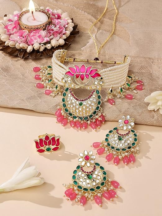 Meenakari Necklace Choker Set Green Pink Lotus