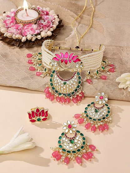 Meenakari Necklace Choker Set Green Pink Lotus