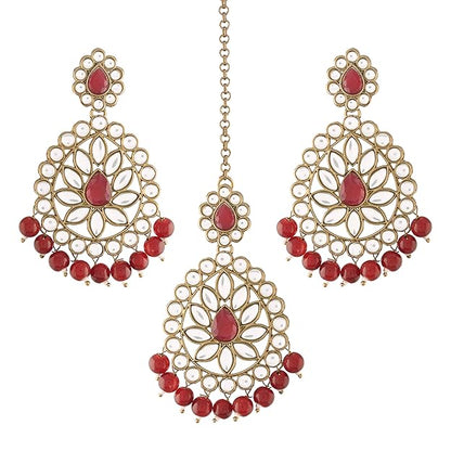 Kundan Chandbali Earrings in Gold Plated Antique Finish Bridal Maang Tikka Set