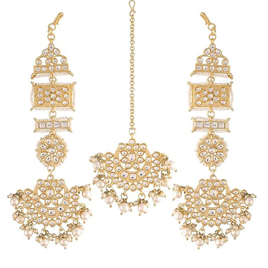 Rajasthani Mang Tikka in Gold Plated Matte Finish Kundan & Faux Pearl Chandbali Earring Set